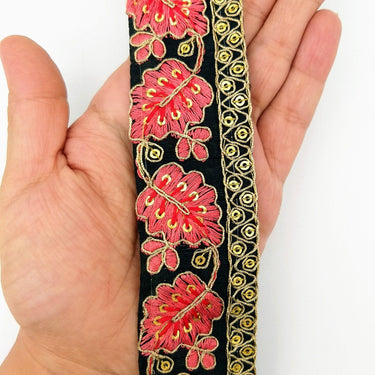 Black Trim with Floral Embroidery Salmon Pink Embroidered Leaves Trim, Decorative Trim, Indian Border